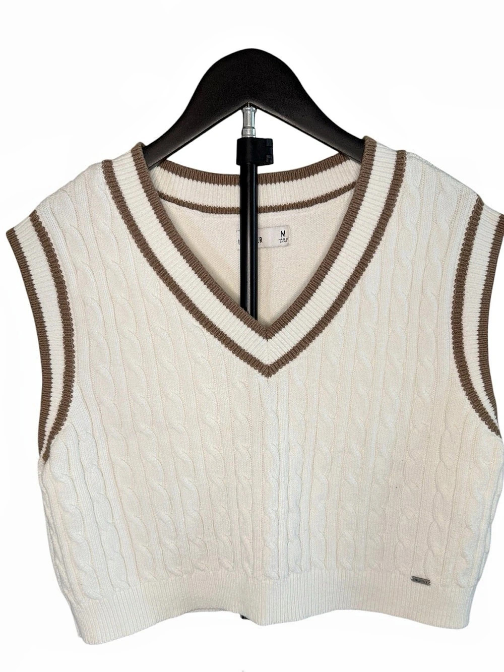 Hollister Brown & White Cable Knit V-Neck Sweater Vest, Medium